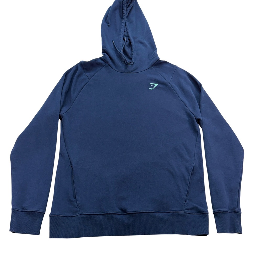 Gymshark Logo Graphic Raglan Pullover Hoodie Men's L Navy Blue Teal Sweatshirt